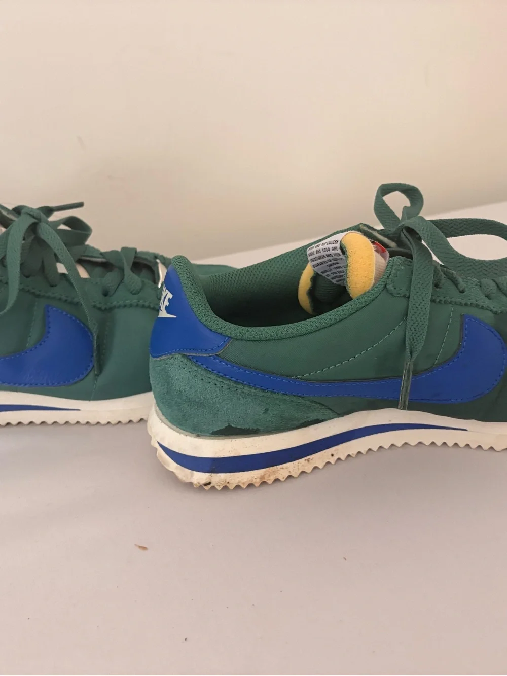 Nike Green Suede Sneakers with Blue Swoosh and Cream Tongue